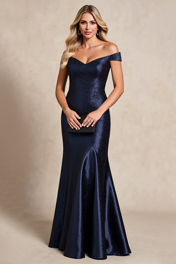 Navy Satin Mermaid Off The Shoulder Long Mother of the Bride Dress